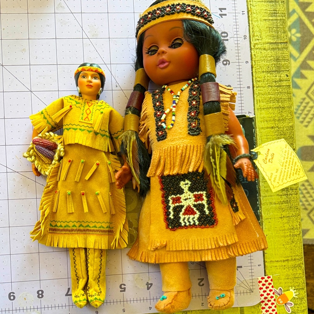 Carlson Doll Co. Vintage Cherokee & Avon 1991 Native American porcelain dolls.